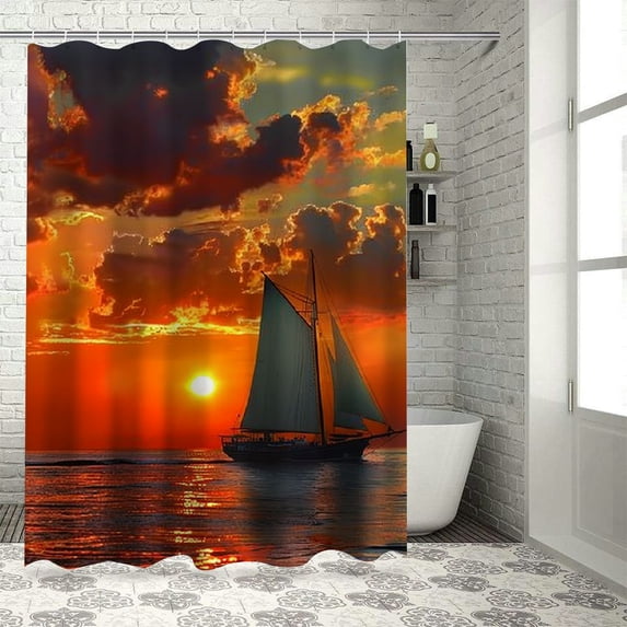 Orinice Sailboat Shower Curtain, Boat Sailing in Front of Sunset in Key West FloridSundown Tropical, Cloth Fabric Bathroom Decor Set with Hooks, 69x72