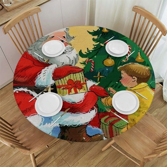 Orinice Santa Claus Christmas Tree Digital Painting Round Table Set Smudge Resistant Washable Indoor & Outdoor Tablecloth Kitchen Dining Wedding Party Flex Edge Tablecloth