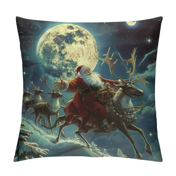 Orinice Santa Reindeer Full Moon Graphic Decorative Pillow Cover for Home Couch Living Room Bed Sofa - Winter Theme Printed on Both Sides - 1PC 24x24in