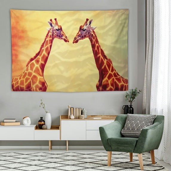 Orinice Savannah Tapestry, Illustration Tropic Giraffes Tallest Neck Animal Mammal in Retro Vintage Print, Wide Wall Hanging for Bedroom Living Room Dorm, 60x40 Inch, Orange 60x40in