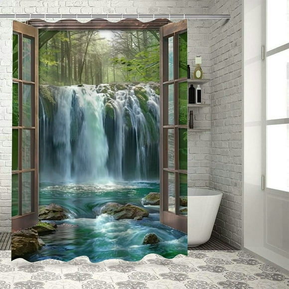 Orinice Scenery Waterfall Shower Curtain Nature Green Forest Tree Water Lake Landscape Fog Jungle Rainforest Green Country Jungle Window Scenery Bathroom Polyester Fabric Set 60x72