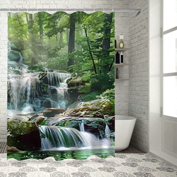 Orinice Scenery Waterfall Shower Curtain Nature Green Forest Tree Water Lake Landscape Fog Jungle Rainforest Green Country Jungle Bathroom Polyester Fabric Decoration Set 36x72