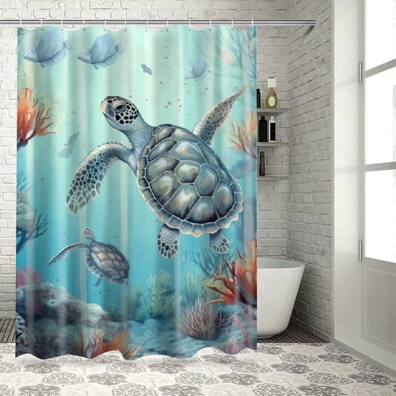 Orinice Sea Turtle Shower Curtain Coastal Beach Ocean Themed Bathroom Decor Bath Curtain, Underwater Marine Life Fish Jellyfish Coral Tropical Shower Curtain Sets with Hooks, 60x72