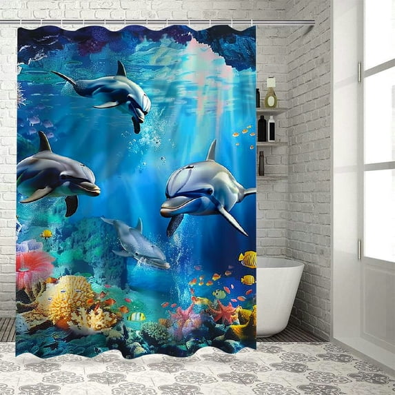 Orinice Sea World Dolphin Shower Curtain Set Bathroom Shower Curtain Non-Slip Bath Mat Toilet Lid Cover Polyester Waterproof Bath Curtain and Rug Set, with 12 Hooks, 69x72