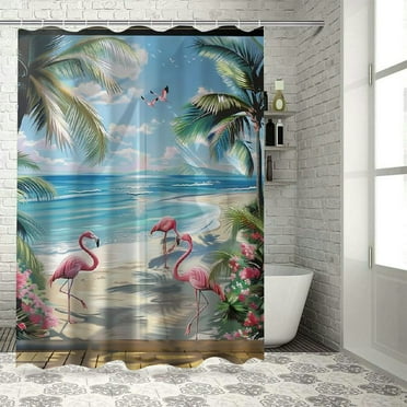 Orinice Seascape Shower Curtain Beach Tropical Palm Trees Ocean Flamingos Coastal Nature Landscape Bathroom Curtains Fabric Decor with Hooks  36x72