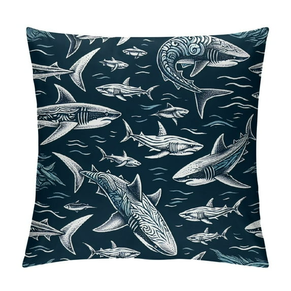 Orinice Shark Throw Pillow Cushion Cover, Shark Pattern with Various Gestures Have a Bite Danger Humor Nautical Design, Decorative Square Accent Pillow Case, White