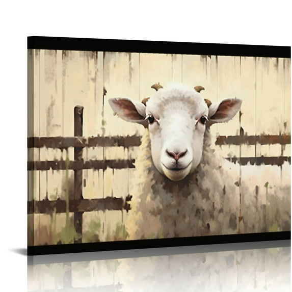 Orinice  Sheep Canvas Wall Art Rustic Farmhouse Lamb Pictures Print Farm Animal Painting Vintage Artwork for Home Office Decor Framed 16x12in