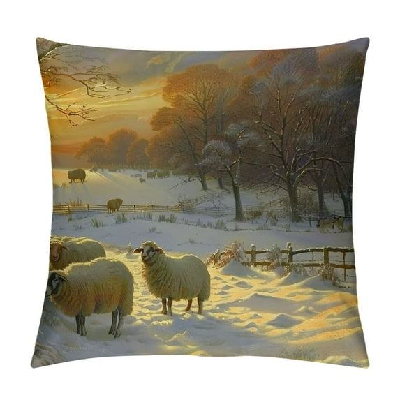 Orinice Sheep Snow Sunset Graphic Decorative Cushion Throw Pillow Cover Short Plush Winter Soft and Durable 1PC 20x20in