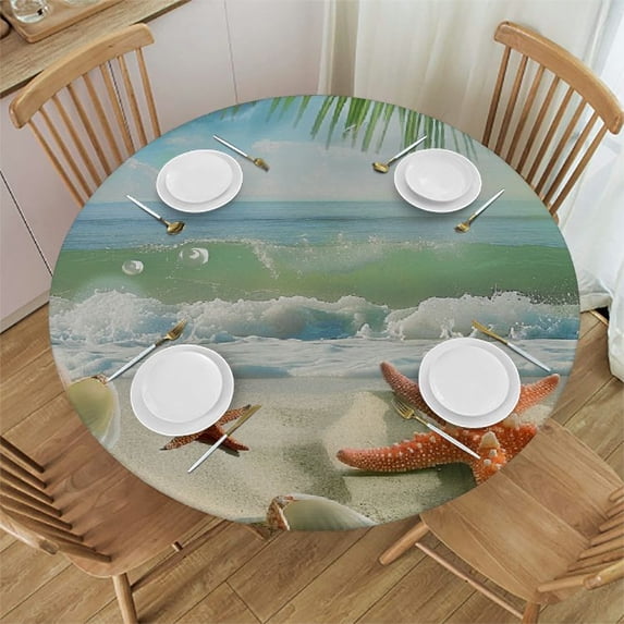 Orinice Shells Starfish Palm Tree Round Table Cover Stain Resistant Washable Indoor Outdoor Tablecloth Kitchen Dining Wedding Parties 100% Polyester Fiber 31-35
