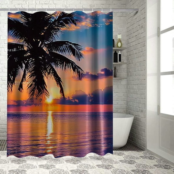 Orinice Shower Curtain Set Sunset Palms Sunrise Seashore Coconut Summer Beach Sand Holiday Ocean with Non-Slip Rugs Toilet Lid Cover and Bath Mat Bathroom Decor Set 69x72