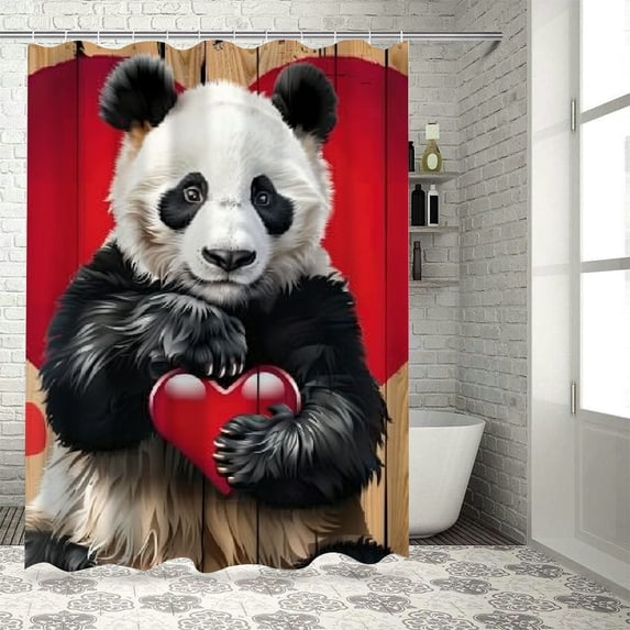 Orinice Shower curtain, red love giant panda theme design waterproof fabric shower curtain, bathroom decoration set animal shower curtain hook 69x72