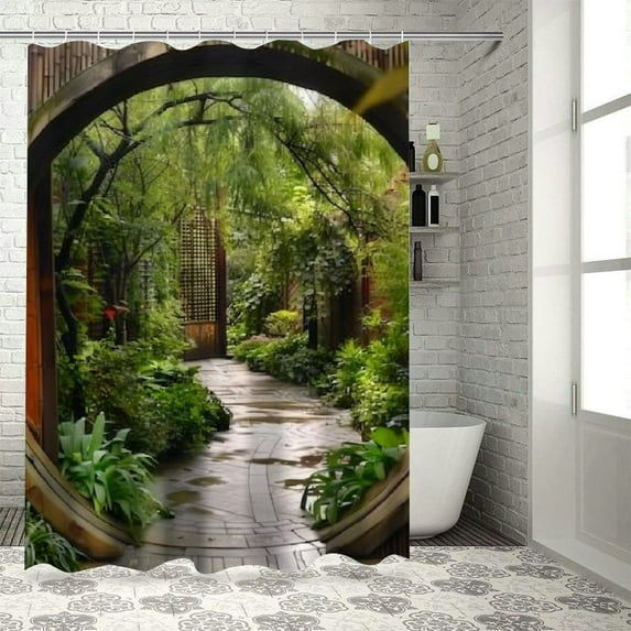 Orinice Shower curtain, wall door, greenery, country entrance, circular park, garden, exterior nature, landsca 36x72