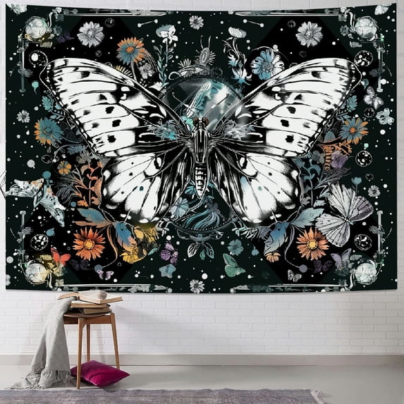 Orinice Skeleton Butterfly Tapestry Black and White Skull Mushroom Plants Tapestries Hippie Aesthetic Tapestry Wall Hanging for Bedroom Living Room Dorm 40x30inch