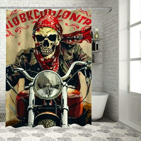 Orinice Skull Bandana Motorcycle Bathroom Decor Set with Hooks, Colorful Luxurious Graphic Print Polyester Fabric Fashion Shower Curtain, Waterproof Bathroom Washable Curtain 60x72