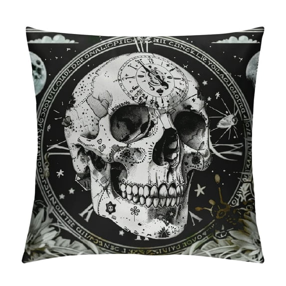 Orinice Skull Moon Clock Graphic Decorative Throw Pillow Cover for Home Couch Living Room Bed Sofa - Short Plush Material - 1PC 24x24in