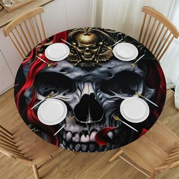 Orinice Skull Rose Swords Round Table Cover Stain Resistant Washable Indoor Outdoor Tablecloth Kitchen Dining Wedding Parties Table Cloth 100% Polyester Fiber 38-42