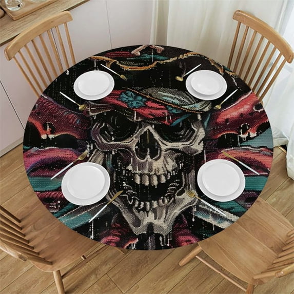 Orinice Skull Swords Hat Round Table Cover Stain Resistant Washable Indoor Outdoor Tablecloth Kitchen Dining Wedding Parties 100% Polyester Fiber 46-50