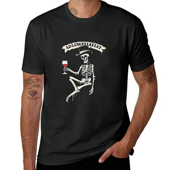 Orinice Skull Top Hat Wine Glass Men's T-Shirt Half Sleeve Tee L