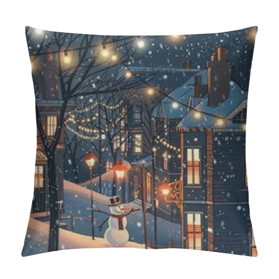Orinice Snowman Snowy Town Lights Graphic Decorative Cushion Throw Pillow Cover Winter Pillow Case 1PC 18x18in