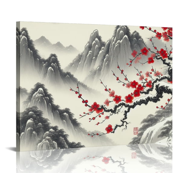 Orinice Snowy Mountain Landscape with Red-Flowered Tree Branch Fine Art Aesthetic Poster & Print Wall Painting for Home Decor 20x16in