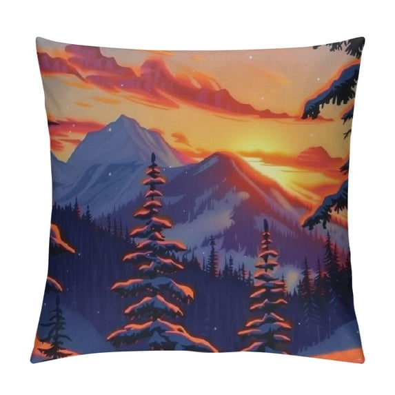 Orinice Snowy Mountain Pine Trees Sunset Graphic Decorative Cushion Throw Pillow Cover for Home Living Room Bedroom Winter Square 1PC 12x12in