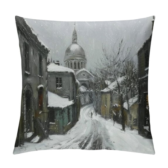 Orinice Snowy Street Church Person Graphic Decorative Cushion Throw Pillow Cover Winter Pillow Case 1PC 24x24in