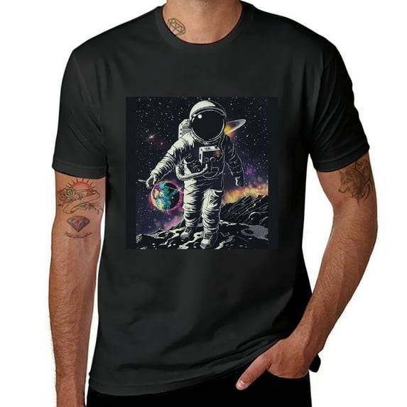 Orinice Space Art T-Shirt for Men Novelty Graphic Tee Top Half Sleeve L