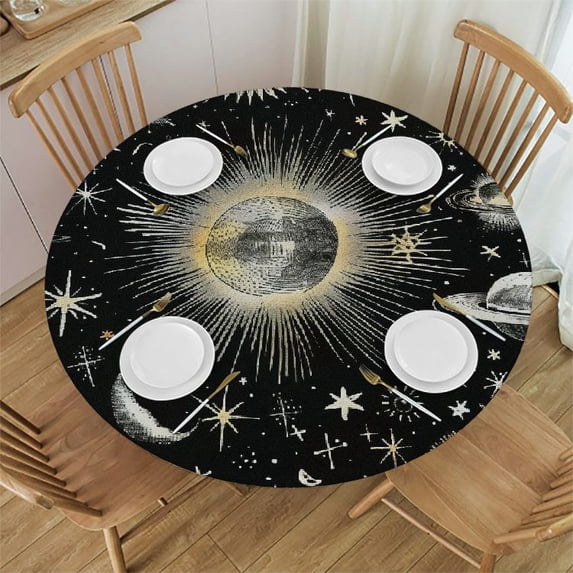 Orinice Stars Planets Sun Round Table Cover Stain Resistant Washable Indoor Outdoor Tablecloth Kitchen Dining Wedding Parties 100% Polyester Fiber 46-50