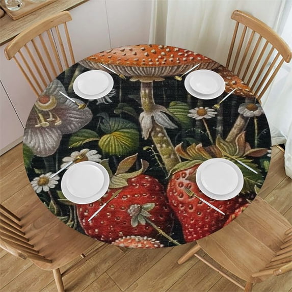 Orinice Strawberries Mushrooms Flowers Round Table Cover Stain Resistant Washable Perfect for Indoor Outdoor Kitchen Dining Wedding Parties with Elastic Edge 100% Polyester Fiber 42-46
