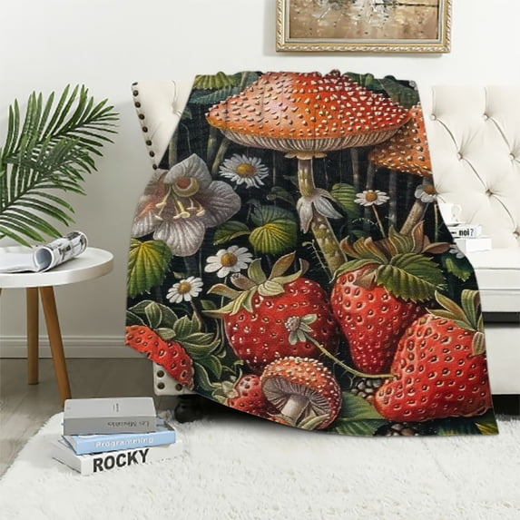 Orinice Strawberries Mushrooms Flowers Warm Lightweight Blanket Soft Fleece Throw Blanket for All Seasons - Excellent Hand Feel, Living Room Sofa Decor, Cow Gifts - Flannel Material Blanket 60x80in