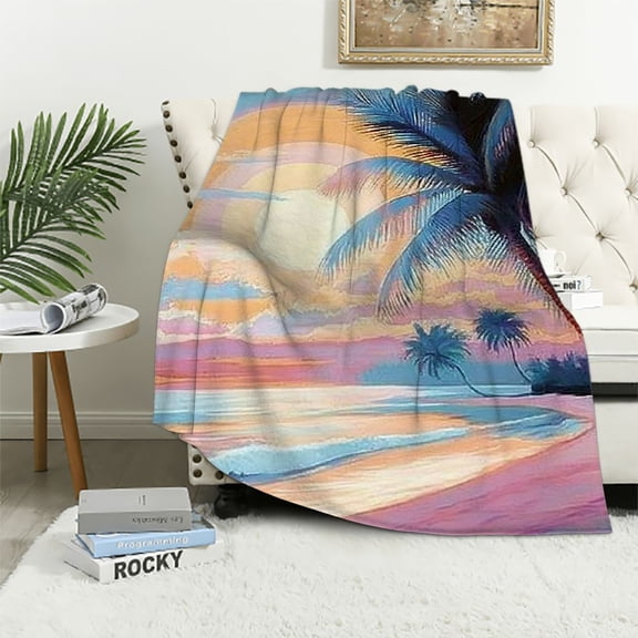 Orinice Summer Beach Blanket for Teens Adult,Pink Cloud Glitter Sun Throw Blanket Twin Tropical Palm Rainbow Blanket Warm,Oil Painting Bed Blanket for Living Room 50x60in