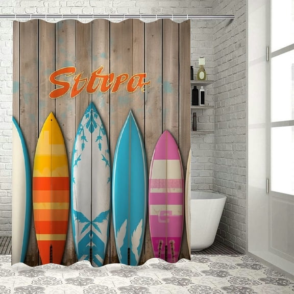 Orinice Summer Beach Surfing Shower Curtain Sets, Ocean Coastal Surfboard Tropical Palm Tree Surf, Rustic Wooden Board Bathroom Decor Curtains Polyester Fabric with Hooks 69x72