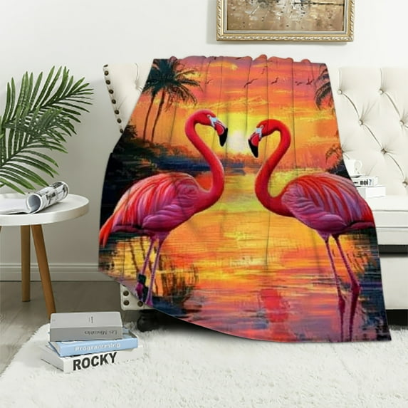 Orinice Summer Flamingo Blanket,Seaside Hawaii Themed Sunset Throw Blanket,Tropical Palm Leaves Throw Blanket,Pink Animals Flowers Bed Blanket for Bed Sofa Couch, 40x50in