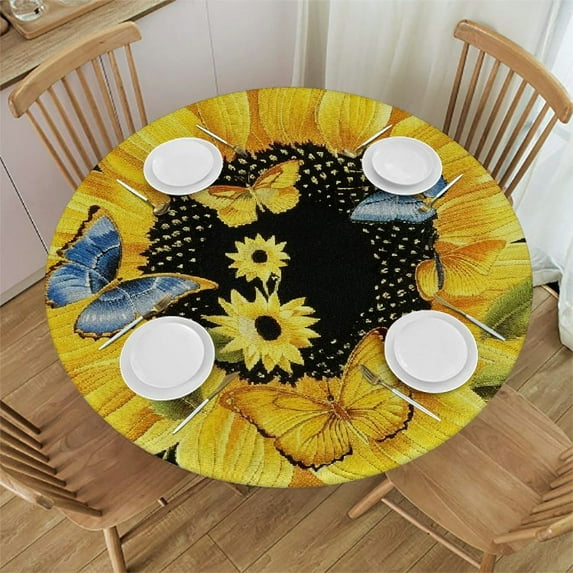 Orinice Sunflower Butterflies Black Background Round Table Cover Stain Resistant Washable Indoor Outdoor Tablecloth Kitchen Dining Wedding Parties Picnic Camping 100% Polyester Fiber 31-35