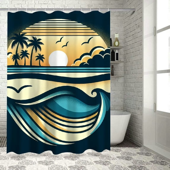 Orinice Sunset Beach Retro Vibes Bathroom Decor Set with Hooks, Colorful Luxurious Graphic Print Polyester Fabric Shower Curtain Set 36x72