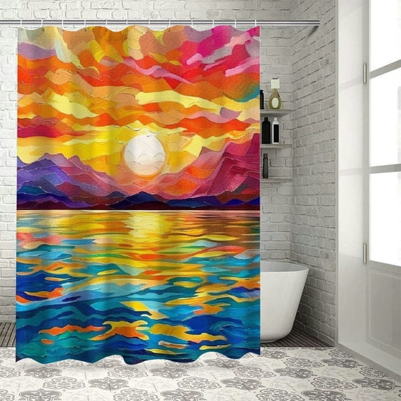 Orinice Sunset Mountains Water Bathroom Decor Set with Hooks, Colorful Luxurious Graphic Print Polyester Fabric Fashion Shower Curtain Set, 100% Polyester, Washable 60x72