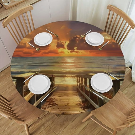 Orinice Sunset Ocean Clouds Round Table Cover Stain Resistant Washable Indoor Outdoor Tablecloth Kitchen Dining Wedding Parties Elastic Edge 100% Polyester Fiber 38-42