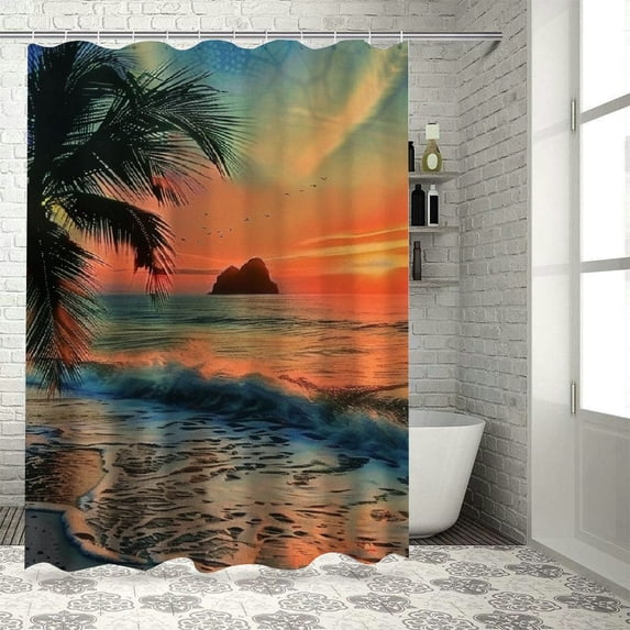 Orinice Sunset Palm Tree Beach Bathroom Decor Set, Colorful Luxurious Graphic Print Polyester Fabric Shower Curtain Set with Hooks 36x72
