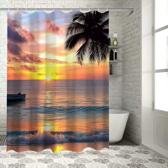 Orinice Sunset Palm Tree Boat Bathroom Decor Set with Hooks, Colorful Luxurious Shower Curtain Set 100% Polyester Fabric Washable Shower Curtain 69x72