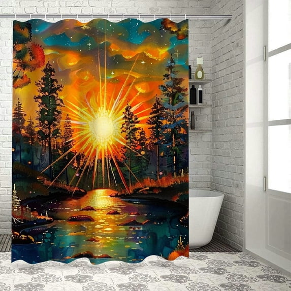 Orinice Sunset Stream Trees Bathroom Decor Set Colorful Luxurious Graphic Print Polyester Fabric Fashion Bathroom Decor Sets with Hooks Waterproof Shower Curtain Set Washable Shower Curtain with