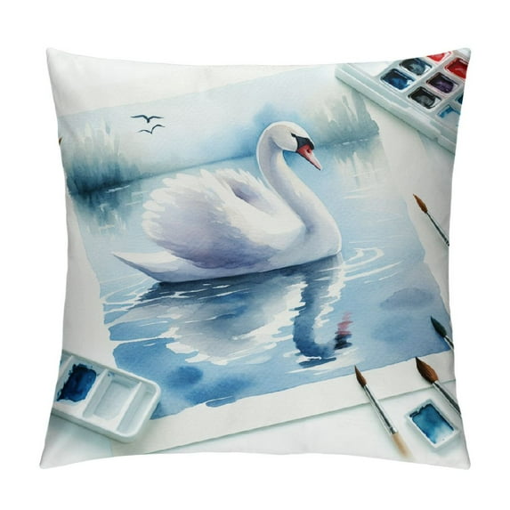 Orinice Swan Throw Pillow Cushion Cover, Watercolor Drawing Picture of Swan in The River Color Aqua Concept Picture Print, Decorative Rectangle Accent Pillow Case, White