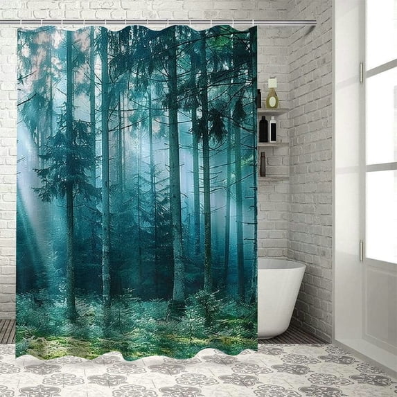 Orinice Tall Trees Light Beam Detailed Matte Painting Bathroom Decor Set Colorful Luxurious Graphic Print Polyester Fabric Fashion Shower Curtain Set Home Bath Decor with Hooks 36x72