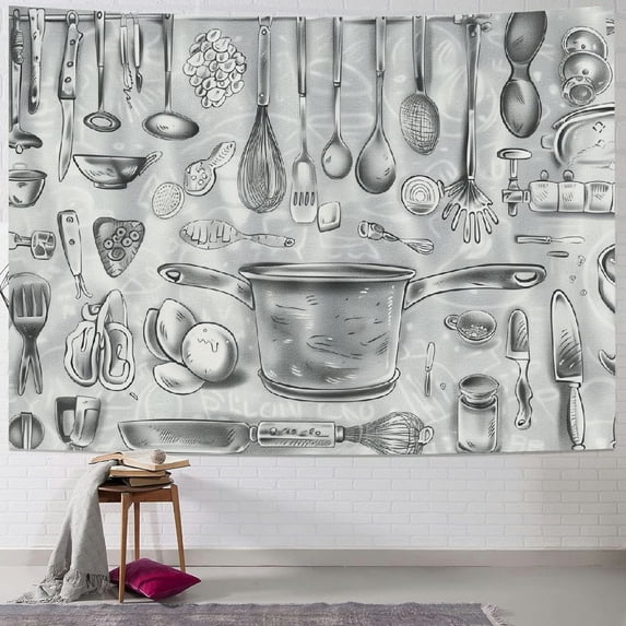 Orinice Tapestry Wall Hanging, Stick Drawings Kitchen Utensils on Grey Background Tapestries Wall Tapestry for Girl Boy Men Women Bedroom Aesthetic Tapestry for Dorm Decor 40x60inch