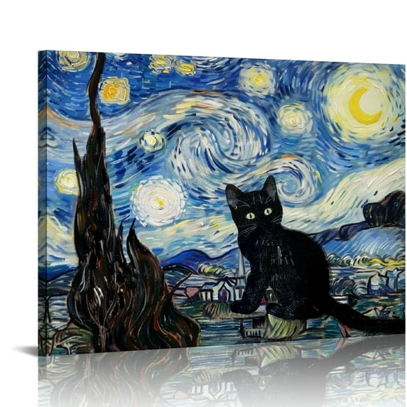 Orinice The Black Cat Looks At Thestarry Night Prints Painting Retro Funny Starry Sky Cat Modern Abstract Wall Decor Rustic Farmhouse Landscape Wall Decor 20''X16'' 16x12in