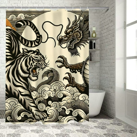 Orinice Tiger Dragon Asian Mythology Bathroom Decor Set Colorful Luxurious Graphic Print Polyester Fabric with Hooks 36x72