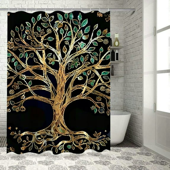 Orinice Tree of Life Golden Leaf Black Background Bathroom Decor Set with Hooks - Colorful Luxurious Graphic Print Polyester Fabric Shower Curtain Set - Home Bathtubs Decoration 60x72