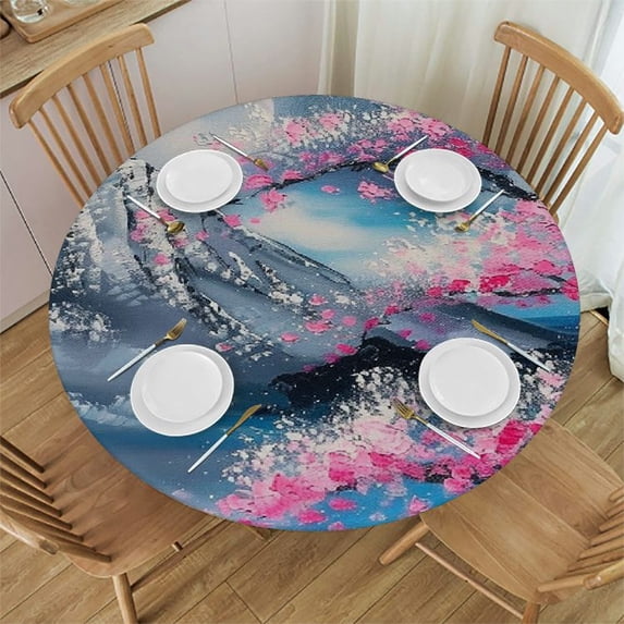Orinice Tree with Pink Flowers, Mountain, Full Moon Round Table Cover Stain Resistant Washable Indoor Outdoor Tablecloth Kitchen Dining Wedding Parties Picnic Farmhouse 100% Polyester Fiber 31-35