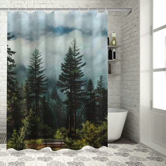 Orinice Trees Clouds Bench Bathroom Decor Set with Hooks, Colorful Luxurious Graphic Print Polyester Fabric Shower Curtain Set, Waterproof Bathroom Curtain for Home Decor 69x72