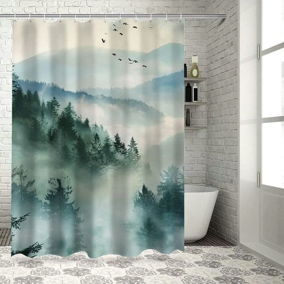 Orinice Trees Fog Mountains Bathroom Decor Set with Hooks 100% Polyester Fabric Shower Curtain Set Waterproof Bathroom Decor Set Multi Size Colorful Luxurious Graphic Print Fashion 69x72