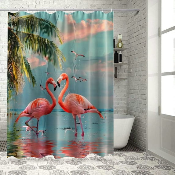 Orinice Tropical Beach Shower Curtain Fabric Blue Ocean Pink Flamingo Couple Green Palm Leaves Summer Nautical Decor Bathroom Bath Curtains with Hooks 60x72